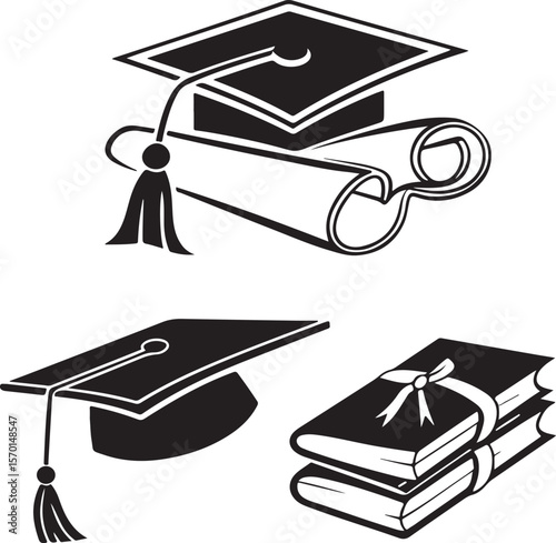 Graduation related vector illustration featuring a mortarboard diploma and books in black and white