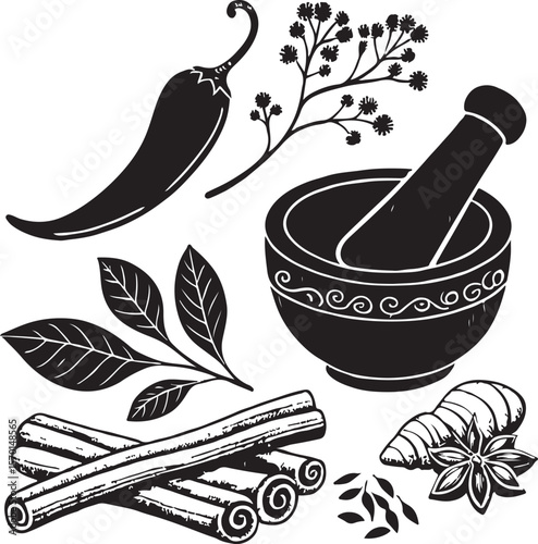 Hand drawn illustration of spices and herbs including chilli pepper bay leaves and cinnamon