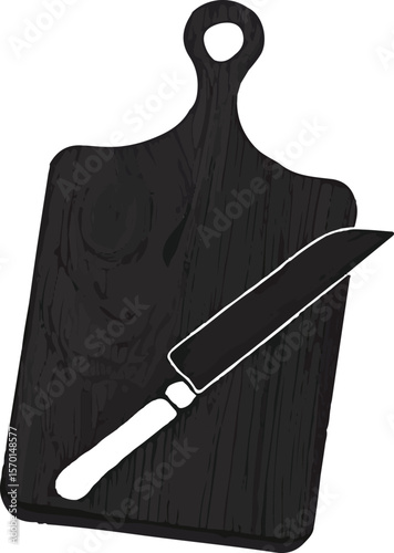 Hand drawn kitchen utensils illustration of a chopping board and a knife in black and white