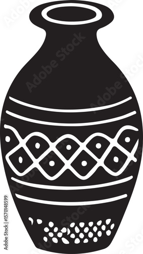 Hand-drawn decorative black and white vase illustration with folk art inspired patterns