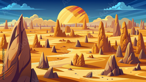The Pinnacles Desert scatters thousands of limestone spires across golden sand, evoking an alien yet beautiful stone forest beneath a blazing sun.