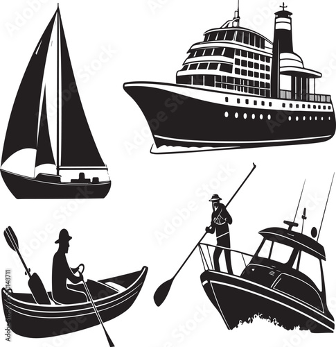Silhouette illustrations of various watercraft and people engaged in boating and cruising