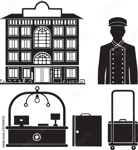 Silhouetted hotel elements including bellhop building luggage and reception desk for design
