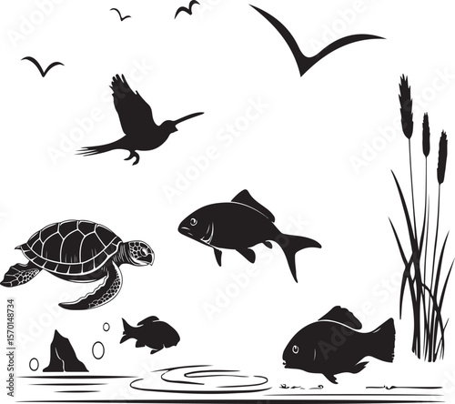 Silhouettes of aquatic life including fish birds sea turtle and reeds isolated on white background