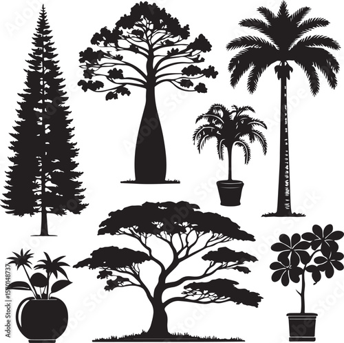 Silhouettes of diverse trees and plants collection for design and decorative nature elements