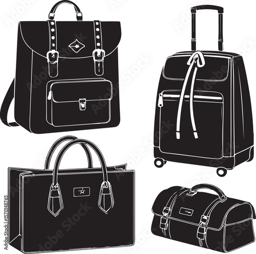 Stylish black and white travel bags and luggage collection in flat vector illustration