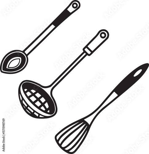 Simple outline illustrations of kitchen utensils including ladle spoon and whisk tools