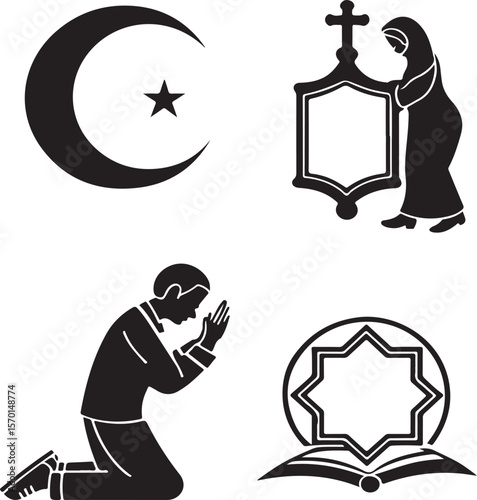 Symbolic islamic icons depicting religious themes of faith and prayer in black and white