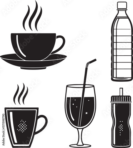 Various drink icons in silhouette style coffee tea soda water bottle and drinking cups