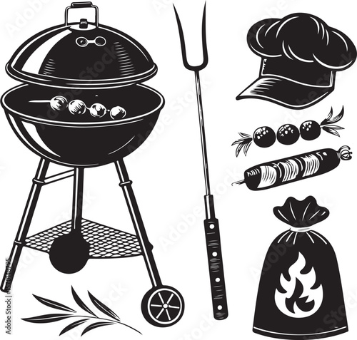 Vector illustration of a bbq grill and various grilling essentials in black and white