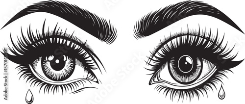 Vector illustration of two weeping eyes with flowing tears depicting sadness and sorrow.