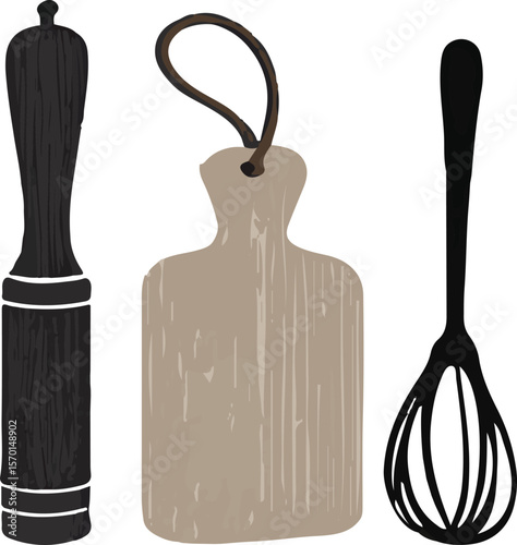 Vector illustration of wooden kitchen utensils and a cutting board on a white background