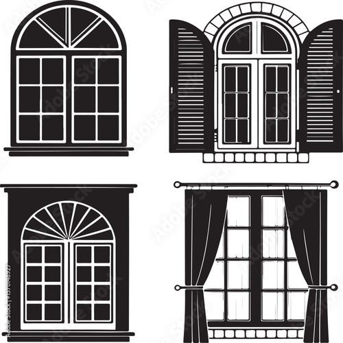 Vector illustrations of classic architectural windows in different shapes and arrangements with black and white styles