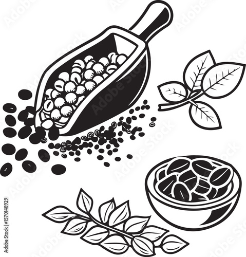 Vintage black and white coffee beans and leaves with scoop and bowl design