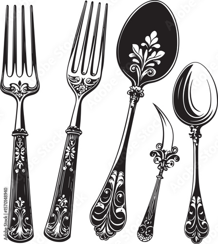 Vintage silverware collection in detailed black and white illustrative design with floral embellishments