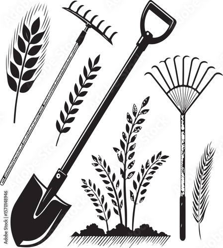 Vintage vector illustration of gardening tools wheat plant and decorative leaf elements