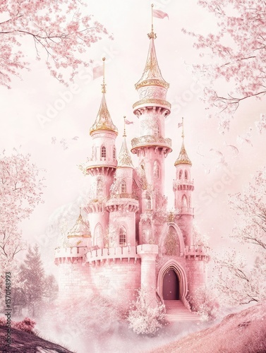 Pink castle, spring forest, fairytale scene, fantasy