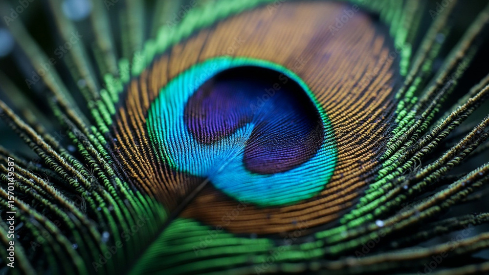 Naklejka premium A vibrant peacock feather displays iridescent blues, greens, and browns in a striking close-up, revealing intricate details and the beauty of nature's artistry with delicate plumes and texture.