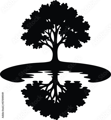 Silhouette tree reflecting on water minimalist black and white Vector illustration
