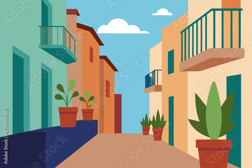 European Street View with Plants and Balconies