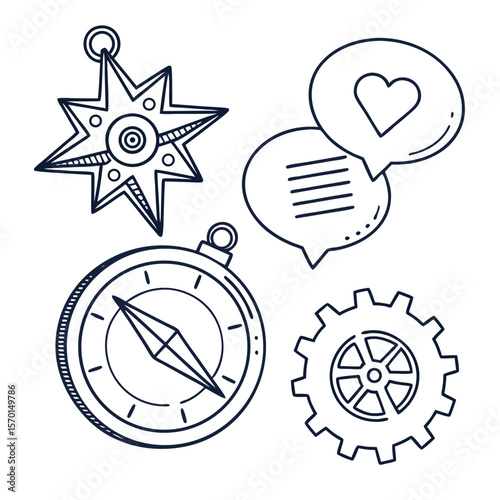 Here's a concise description:

A set of web design icons features vector illustrations of business technology symbols like gears, compasses, and various circular elements