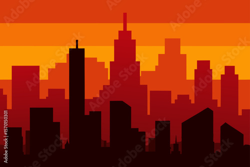 Abstract City Skyline at Sunset with Vivid Red and Yellow Sky