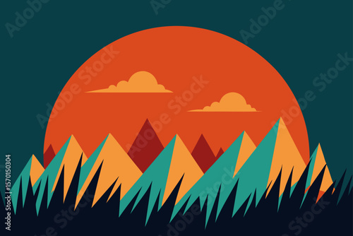 Abstract Sunset in Mountain with Grass Silhouette