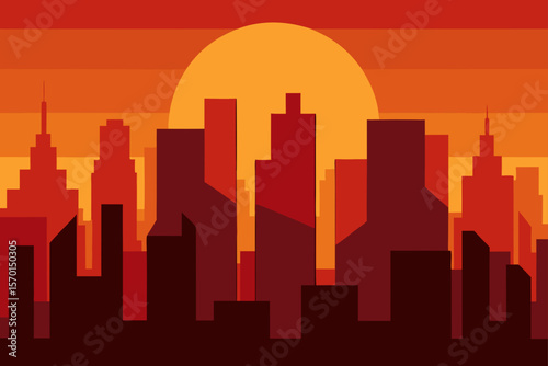 Abstract City Skyline at Sunset with Vivid Red and Yellow Sky