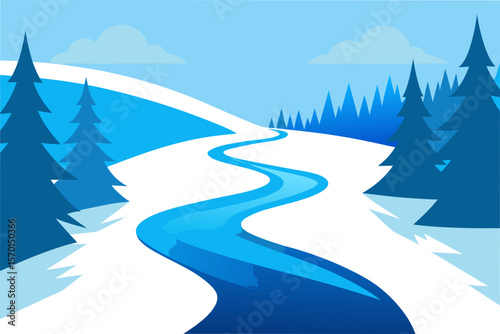 A Serene Winter River Flowing Through Snowy Trees