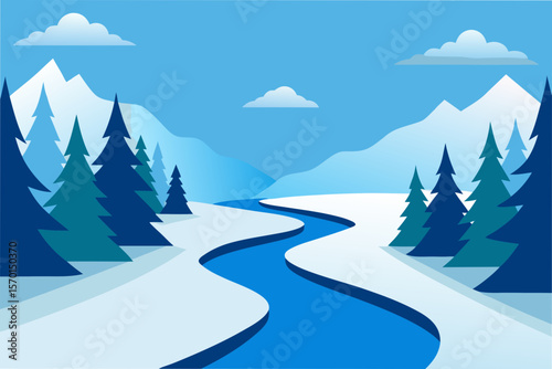 A Serene Winter River Flowing Through Snowy Trees