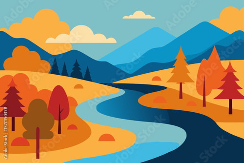 Autumn Landscape Serene River Winding Through Colorful Foliage