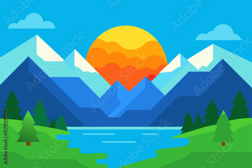 A Vibrant Mountain Landscape Under a Blue Sky with Clouds