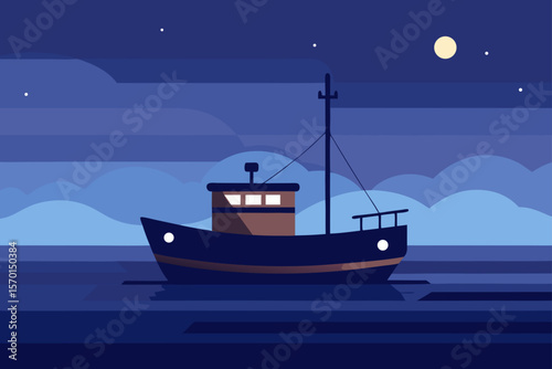 A Silent Fishing Boat on a Calm Ocean at Twilight
