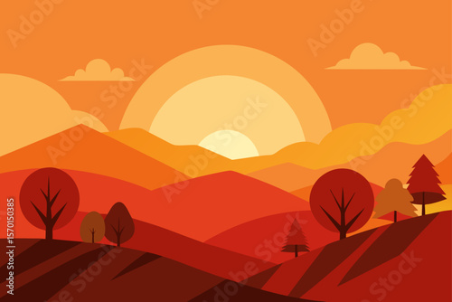 Autumn Sunset Landscape Warm Hues and Rolling Hills