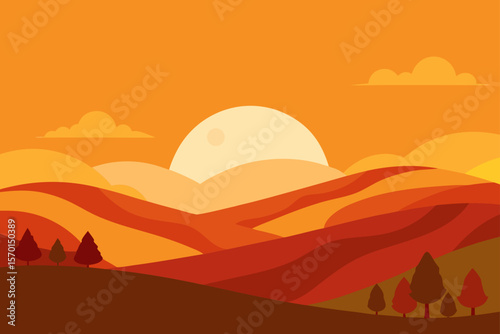 Autumn Sunset Landscape Warm Hues and Rolling Hills