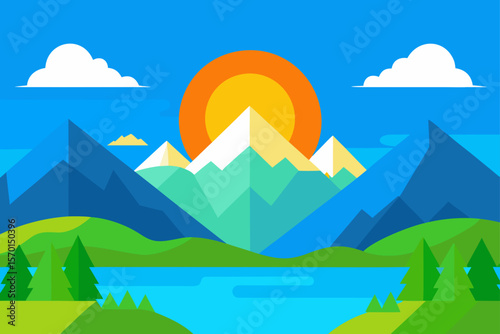 A Vibrant Mountain Landscape Under a Blue Sky with Clouds