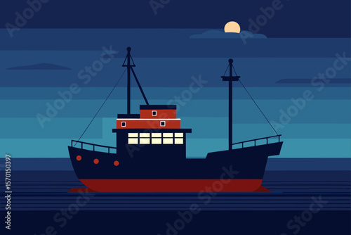 A Silent Fishing Boat on a Calm Ocean at Twilight