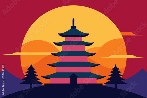 Colorful Sunrise Behind an Ancient Pagoda