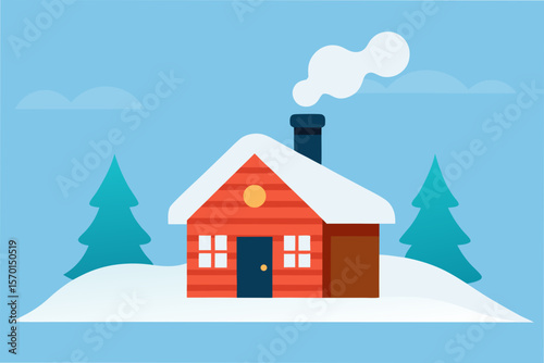 Cozy Cabin in the Snow With Smoke From the Chimney