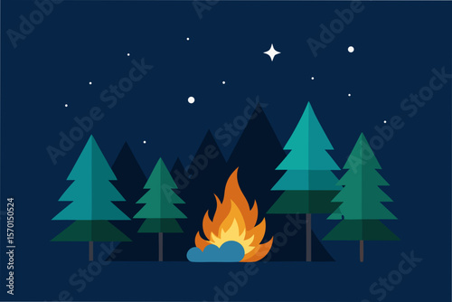 Cozy Campfire Scene in a Pine Forest Under the Stars