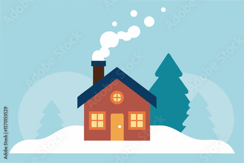 Cozy Cabin in the Snow With Smoke From the Chimney