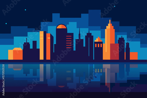 City Skyline Glowing at Night Over a Reflective Lake