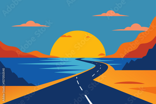 Coastal Sunset a Scenic Road Trip Illustration