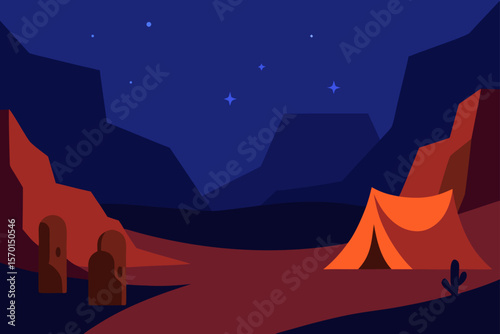 Cozy Camp in a Desert Canyon at Night