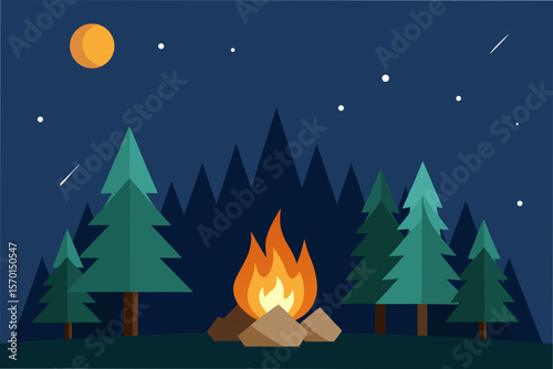 Cozy Campfire Scene in a Pine Forest Under the Stars