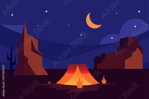Cozy Camp in a Desert Canyon at Night