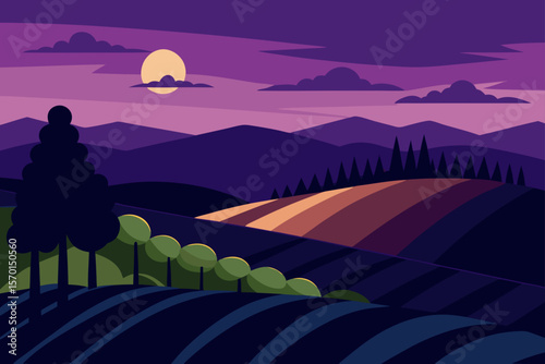 Dusk Over a Serene Vineyard With Rolling Hills