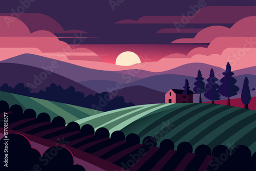 Dusk Over a Serene Vineyard With Rolling Hills