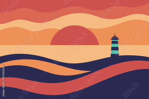 Faded Sunset over the Beach Lighthouse in Vintage