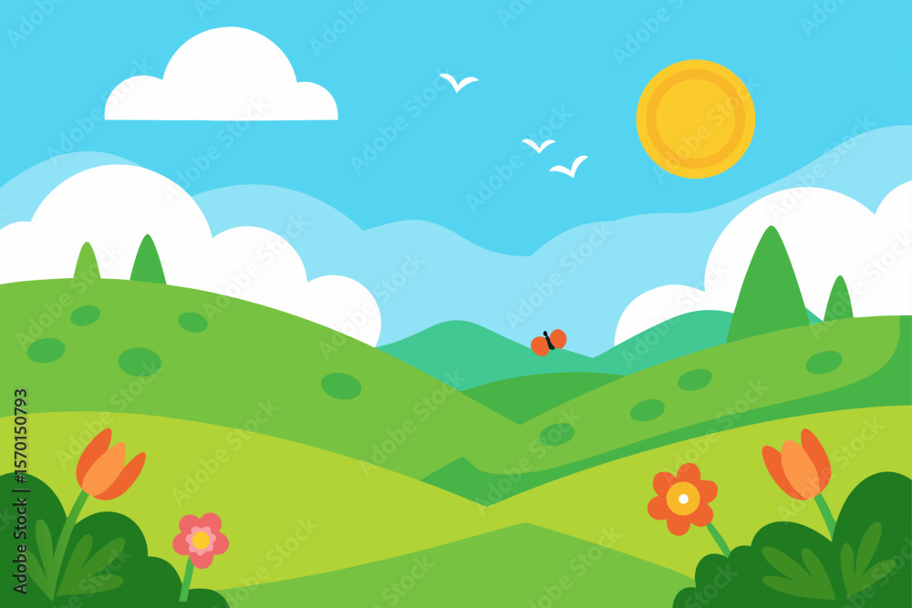 Fototapeta premium Landscape Drawing of a Sunny Summer Valley with Flowers